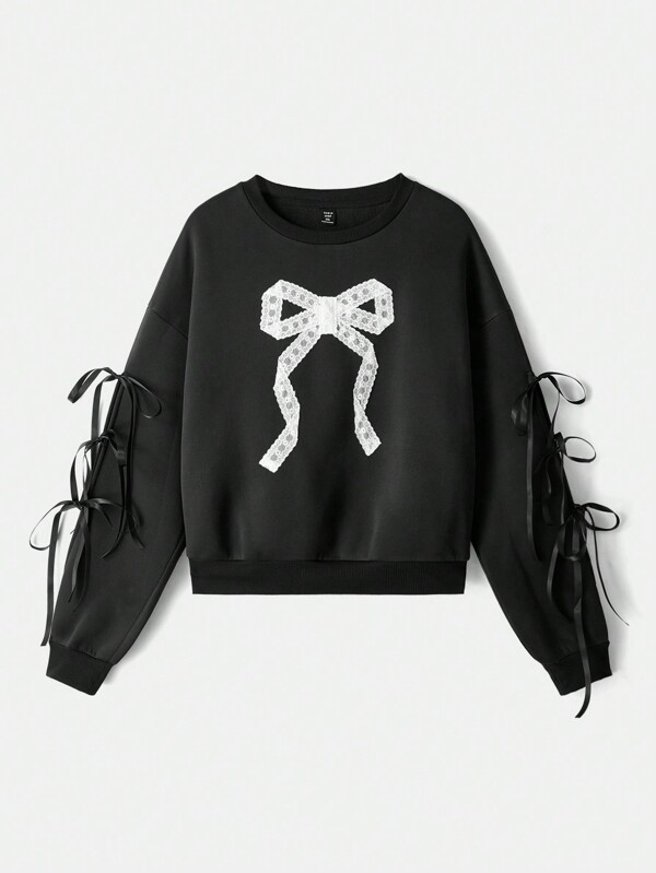 SHEIN MOD Plus Size Black Girly Lace Bow Tie Sleeve Tied Round Neck Sweatshirt, With White Contrast In Fall/Winter