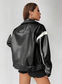 SHEIN Unity Áo khoác nữ sọc dài tay có khóa kéo sành điệu hợp thời trang phong cách đường phố - màu đen - Xem 2