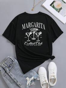 SHEIN Unity Women's Loose White Short Sleeve T-Shirt With 'Martini' Cocktail Print, Summer Graphic Tees Women Tops