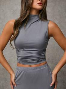 SHEIN BAE Women's Sleeveless Gathered Waist Top And Slim Elegant Skirt Set