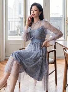 DAZY Đầm suông tay phồng in hoa họa tiết trở lại trường dành cho nữ, Đầm suông mùa thu, Đầm dài tay - Màu xanh lam - Xem 5
