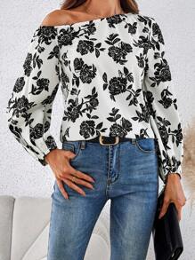 SHEIN Clasi Elegant Floral Print Square Collar 3/4 Lantern Sleeve Loose Fit Women's Blouse Black And White Shirt Asymmetrical Shoulder Long Sleeve Long Sleeve Shirt Teacher Clothes - Black and White - View 1