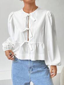 SHEIN EZwear Ladies' Solid Color Simple Daily Long-Sleeved Shirt With Bow Decoration,Long Sleeve Tops