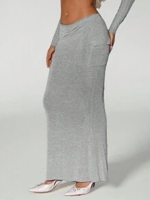 SHEIN ICON Solid Color Low-Waisted Ruched Skirt With Slit Hem