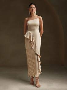 Anewsta Đầm dài xếp ly xếp ly màu mơ cho nữ - Màu Khaki - Xem 1