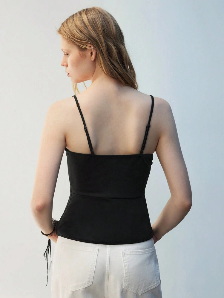 SHEIN Maija Camiseta de tirantes finos de diseño elegante con escote espalda descubierta y adornos de strass en el bajo para mujer