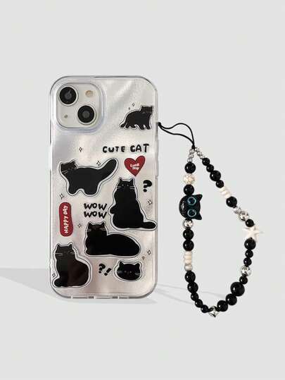 Kawaii Coque de téléphone décorative unique et amusante avec chat noir, résistante aux rayures et aux chocs, compatible avec les séries iPhone 12/13/14