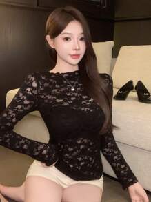 DAZY Women Lace See-Through Long Sleeve Blouse Sheer - Black - View 8