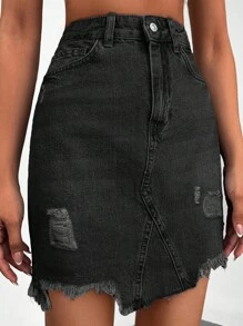 EURMUSE Women Summer Distressed Denim Skirt - Hitam - View 6