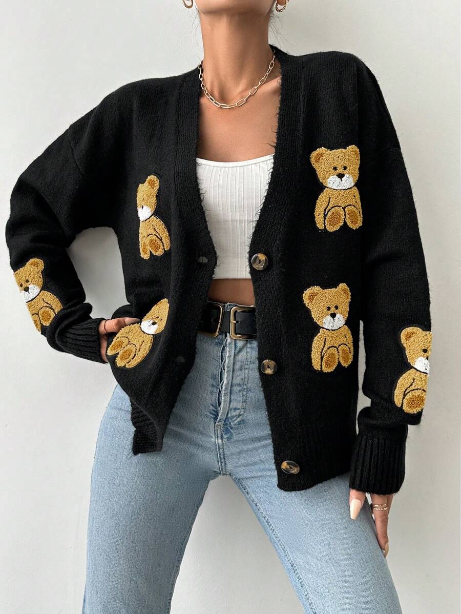 EURMUSE Cardigan casual con scollo a V da donna con applicazioni dell'orso e spalle basse - nero - Visualizzare 1
