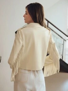 MOTF STUDIO PU LEATHER FRINGE TRIM BIKER JACKET - Apricot - View 3