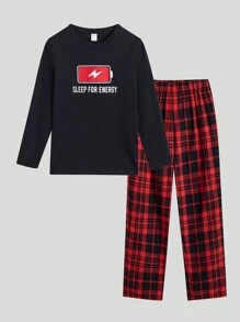 SHEIN Leap Crew 男童圓領長袖電池印花t卹+格紋長褲家居服 - 彩色 - 查看 1
