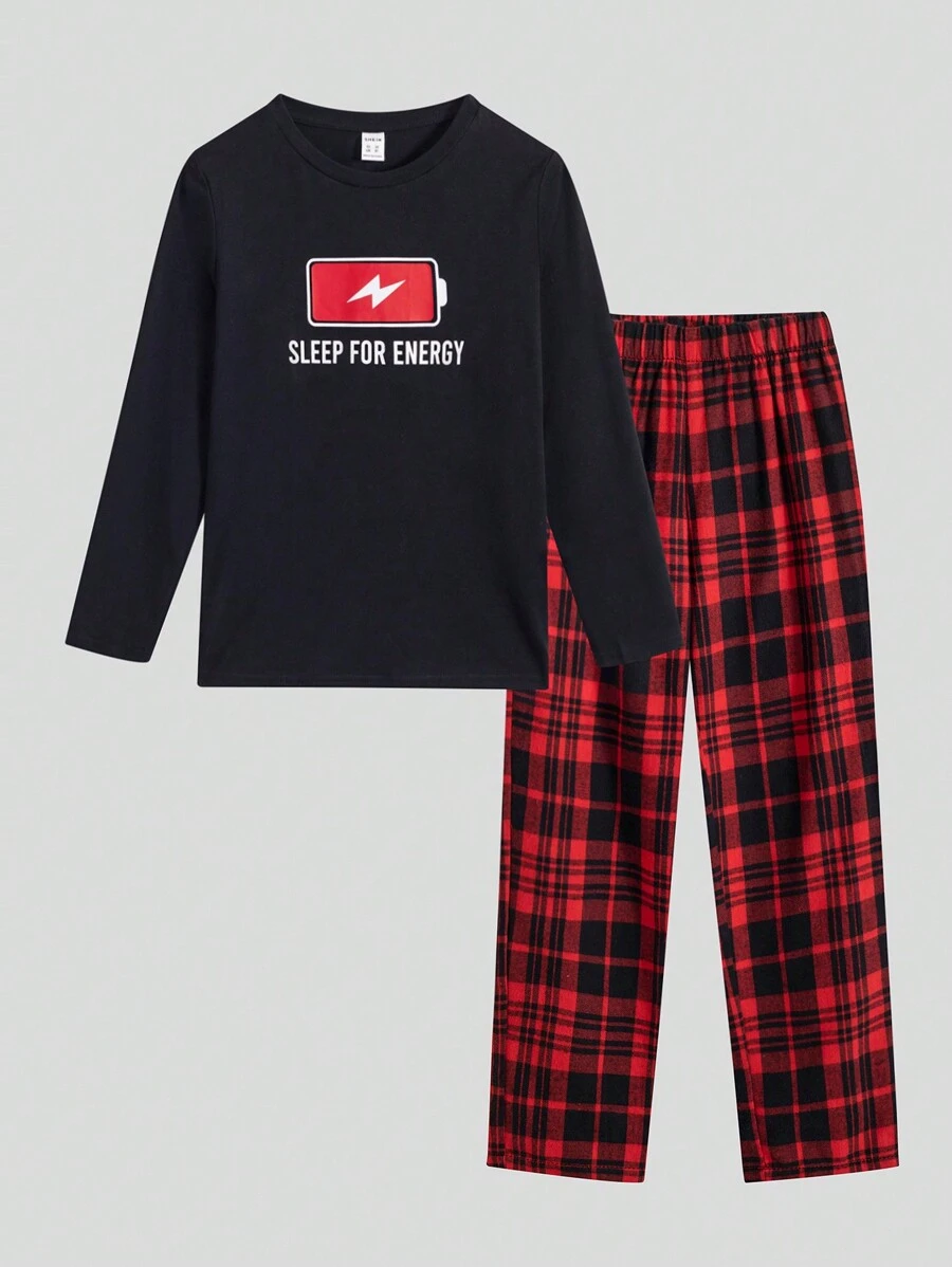 SHEIN Leap Crew 男童圓領長袖電池印花t卹+格紋長褲家居服 - 彩色 - 查看 1