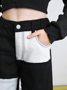 SHEIN Explorewe Tween Girls' Furry Y2K Patchwork Long Denim Jeans - Black and White - View 7