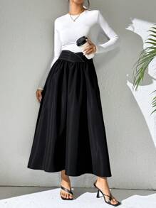 Mulvari Saia Casual Elegante Lisa Feminina, Saia Longa Tipo Maxi, Ideal para Uso Diário/Volta às Aulas/Passeio/Férias - Preto - Visão 5