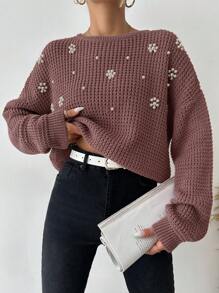 EURMUSE Pearls Beaded Drop Shoulder Sweater - Rusty Rose - View 6