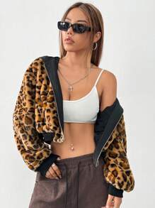 SHEIN EZwear 冬季二合一双面黑色豹纹蓬松连帽短款夹克 - 黑色 - 查看 3