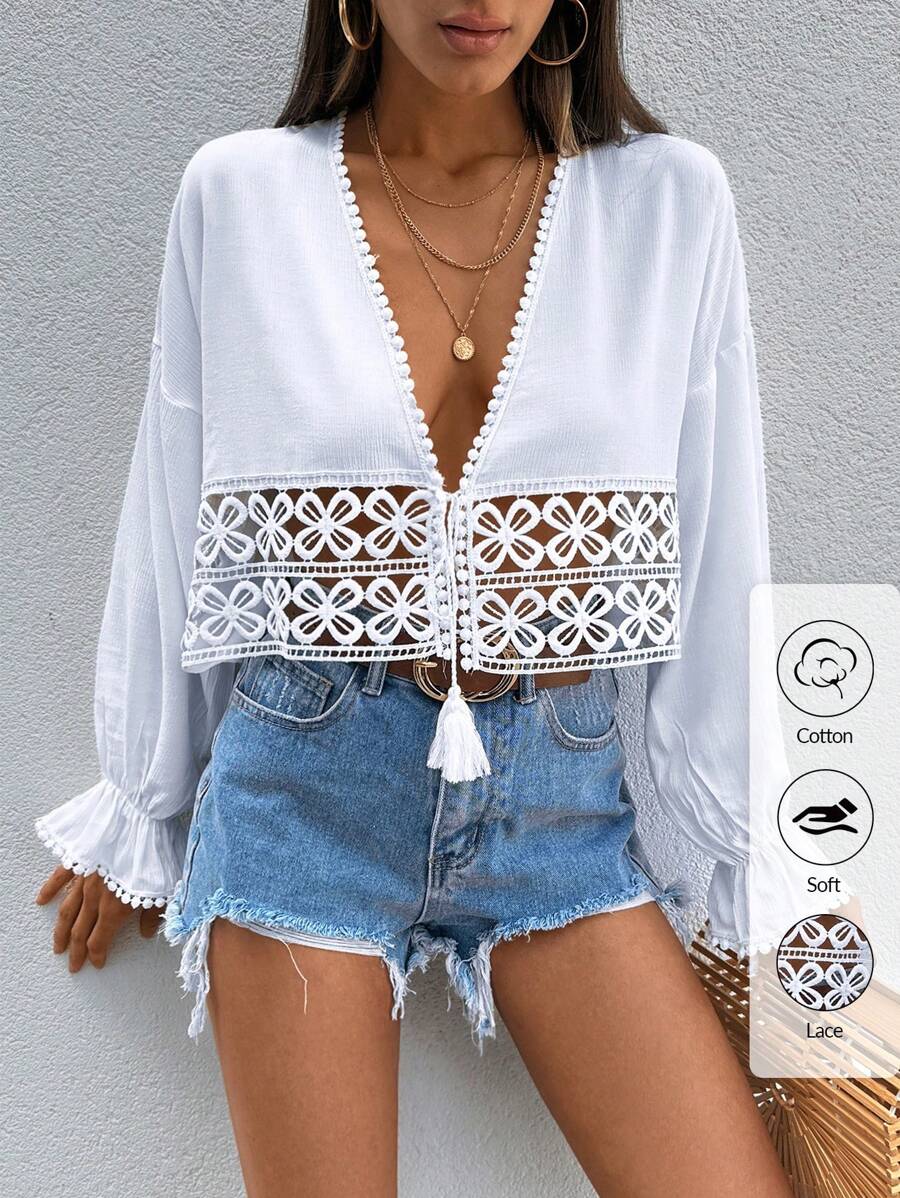 SHEIN Cottnline V Neck Bamboo Fabric With Lace Insert Hem Boho Style Blouse - White - View 1