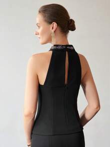 MOTF PREMIUM RHINESTONE DETAIL CRISSCROSS HALTER NECK BLOUSE - Black - View 7