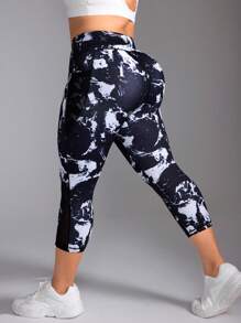 SHEIN Sport Studio Legginsy 7/8 z wysokim stanem i nadrukiem na całej powierzchni, sportowe spodnie do jogi na co dzień