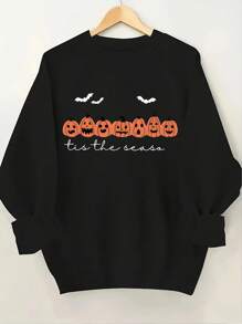 Chiquease Loose-Fit Casual Bat & Pumpkin Print Sweatshirt For Halloween, Autumn/Winter Pullover Fall Outfit