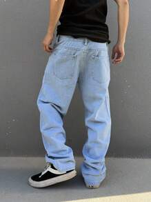 Manfinity EMRG Jeans in denim con cucitura a contrasto, vestibilità ampia, tasche inclinate, per uomo. Jeans ampi, jeans larghi, jeans a gamba larga, jeans ampi blu per uomo.