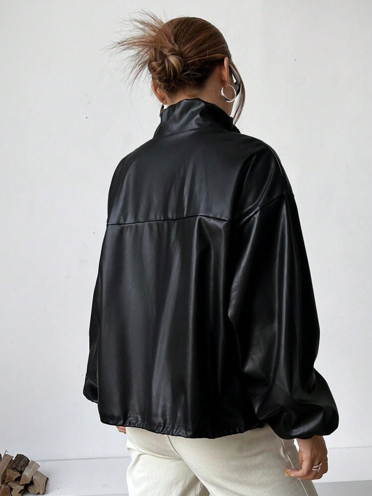 SHEIN EZwear 休闲黑色立领抽绳下摆仿皮夹克，春秋 - 黑色 - 查看 3
