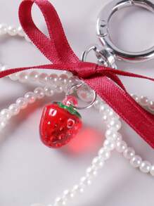 ROMWE Kawaii 1 件 INS 韩式优雅手工串珠白色仿珍珠，红丝带蝴蝶结草莓吊坠包饰钥匙扣，适合女性日常佩戴，节日礼物 - 紅色 - 查看 3