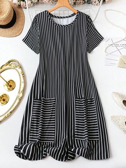 Plus Size Women's Summer Striped Round Neck Short Sleeve Pocket Casual Loose Dress