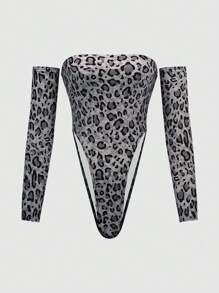 INAWLY Bodysuit feminino de manga longa e ombros de fora, estampa de onça, sexy, Primavera Verão - Cinza - Visão 5