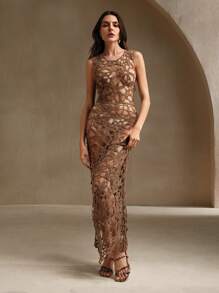 Anewsta Elegant 3D Floral Pattern Crochet Inspired Backless Dress Summer - Khaki - View 5