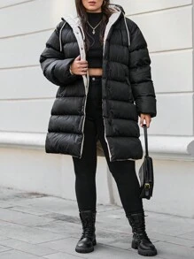 RueChic Plus Women's Zip Up Hooded Puffer Coat, For Winter