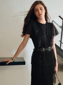 MOTF STUDIO MESH OVERLAY RUFFLE TRIM LAYERED HEM PLEATED LONG DRESS