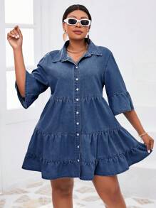 SHEIN SXY 大码单排扣荷叶边袖和下摆休闲宽松舒适牛仔连衣裙 - 深色水洗藍 - 查看 6