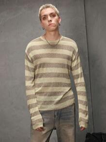 Manfinity EMRG Jersey casual de cuello redondo de manga larga con rayas y ajuste ceñido para hombre