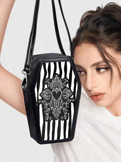 Goth Vine Cross Gothic Punk Style Patchwork Printed Coffin Black Crossbody Bag