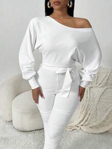 SHEIN SXY Spring/Autumn Casual Asymmetrical Shoulder Warm Home White Batwing Sleeve Jumpsuits - White - View 8
