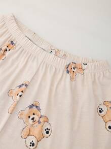 2pcs Teen Girls' Casual Beige Cute Bear Print Long Sleeve Loose Fit Pajama Set - Beige - View 7