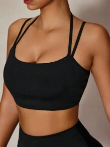 SHEIN Sports Conjunto básico de entrenamiento con tirantes de espagueti para fitness, realzador de escote y espalda, push up, pantalón de cintura alta, conjunto de yoga de 2 piezas con caderas de durazno