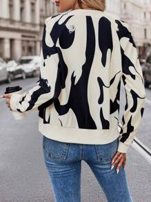 SHEIN LUNE Women's New Abstract Random Print Zip-Up Short Jacket, Autumn Winter - Multicolor - View 2