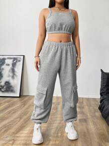 Flirla Plus Size Solid Color Spaghetti Strap Cropped Top And Pocket Pants 2 Pieces Set - Grey - View 3