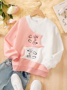 SHEIN Leap Crew Tween 女童宽松休闲拼色猫咪图案圆领套头衫 - 粉色 - 查看 1