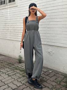 DAZY Women Solid Color Suspender Cargo Pants With Drawstring School - Dark Grey - View 3