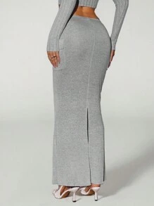 SHEIN ICON Solid Color Low-Waisted Ruched Skirt With Slit Hem