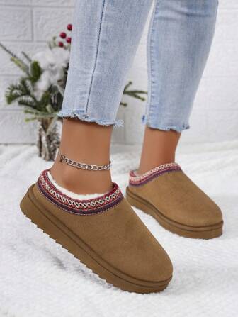 Women's Thick Platform Snow Boots Winter New Style, Outdoor, Increased Height, Thermal Lined, Leather & Fluffy Combination, Rounded Toe, Half Slippers, Fluffyry Shoes For Women