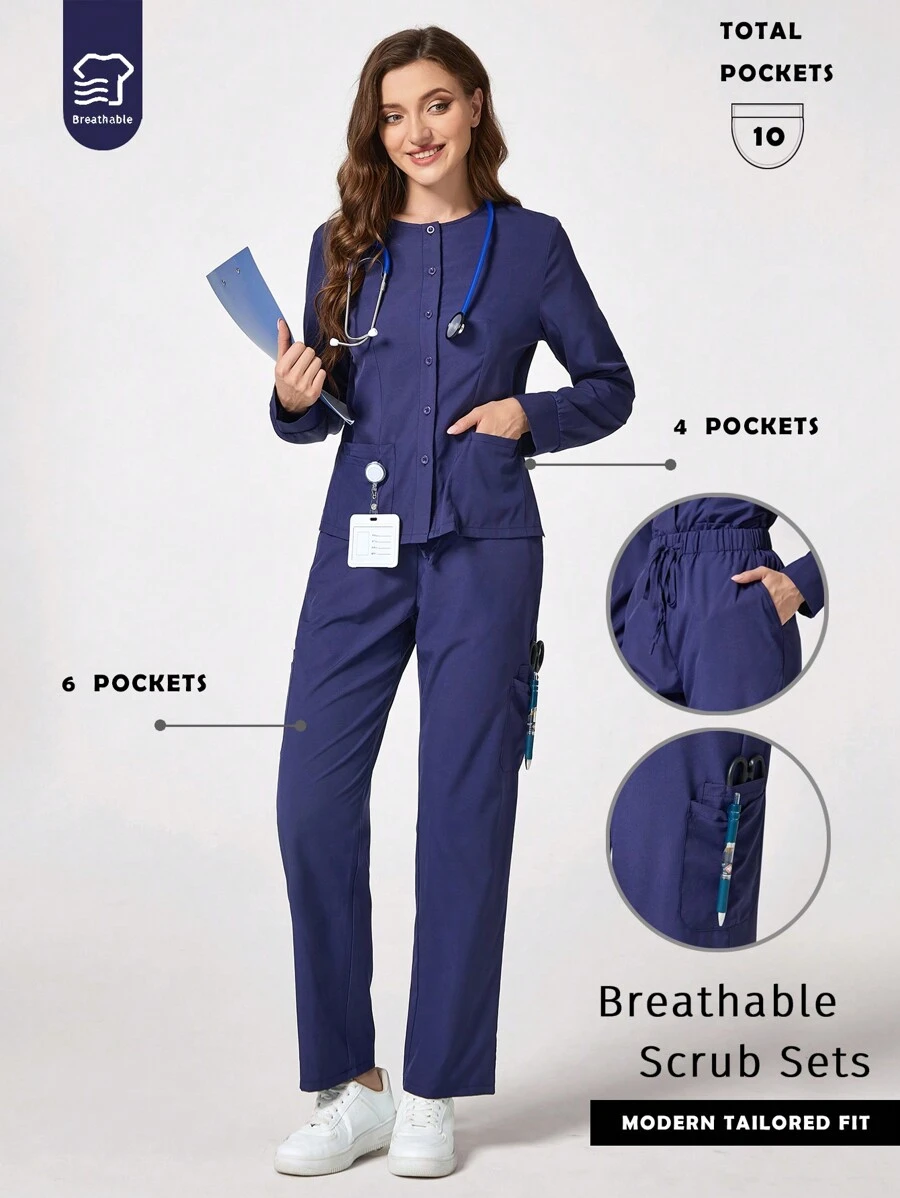 TaskEZ 前扣闭合长袖上衣，带口袋和裤子制服套装，手术服套装，春/秋 - 藏蓝色 - 查看 1