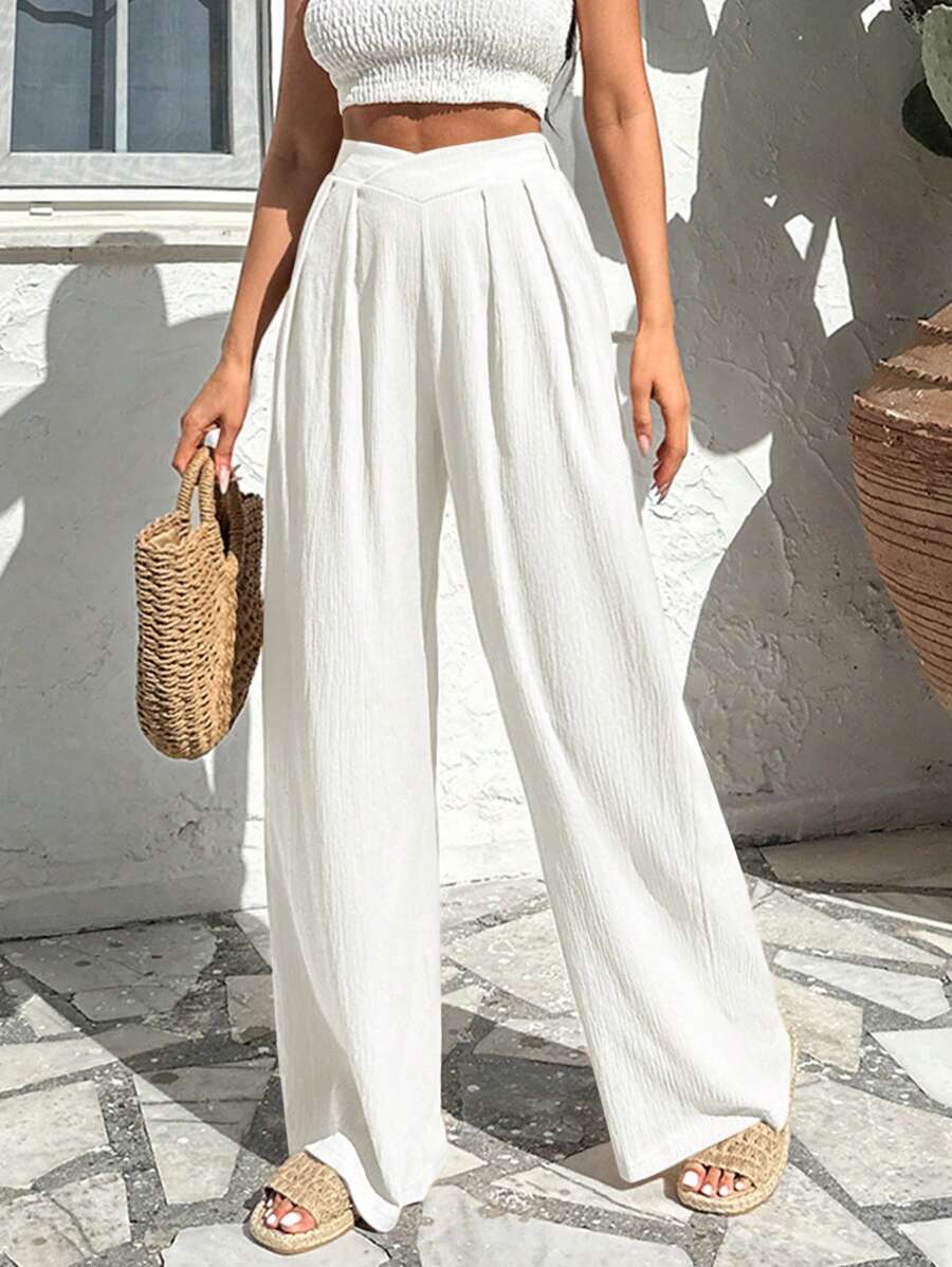 EURMUSE Women Straight Leg Casual Fashion Belt Detailed Pants - White - View 1