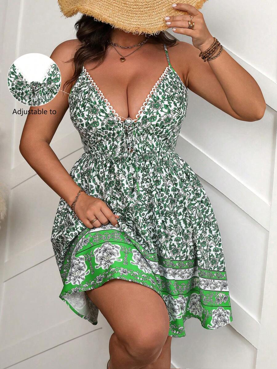Breezaya Plus Size Ren Cổ Chữ V Dây đeo Spaghetti Dây buộc phía trước Hoa in đầy đủ Váy ngắn hai lớp, Kỳ nghỉ thông thường - màu xanh lá - Xem 1