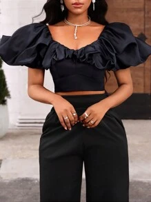 SHEIN Lady Zwarte mode-bubbelde crop-top voor dames