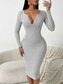SHEIN SXY Women's Casual Long Sleeve Stretchy Mid-Length Dress, Autumn Fall Clothes Women - Light Grey - View 1